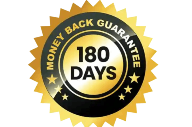A 180-day risk-free satisfaction guarantee ensuring complete consumer protection and financial reimbursement security.